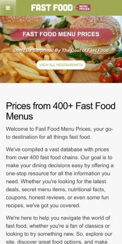 Anteprima del sito Fast Food Menu Prices, media di Stati Uniti per articoli sponsorizzati