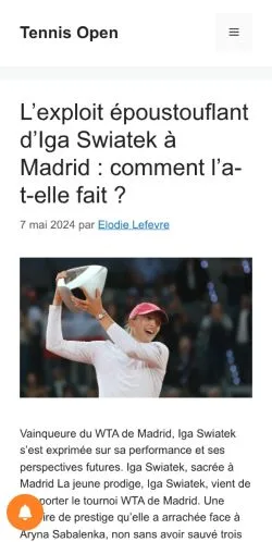 Anteprima del sito Tennis Open, media di Francia per articoli sponsorizzati