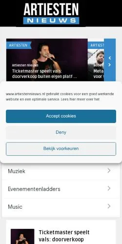 Podgląd witryny Artiesten Nieuws, medium z kraju Holandia do artykułów sponsorowanych