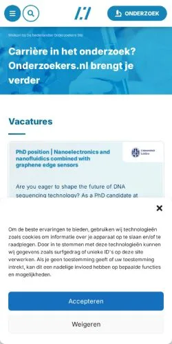 Podgląd witryny Onderzoekers Vacatures, medium z kraju Holandia do artykułów sponsorowanych