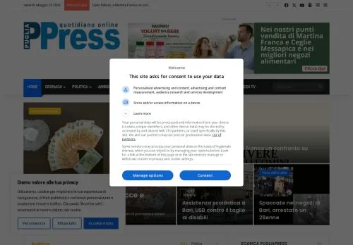 Podgląd witryny PugliaPress, medium z kraju Włochy do artykułów sponsorowanych