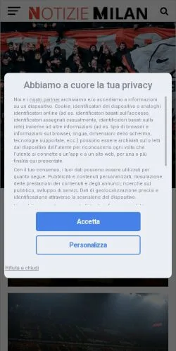 Anteprima del sito Notizie Milan, media di Italia per articoli sponsorizzati