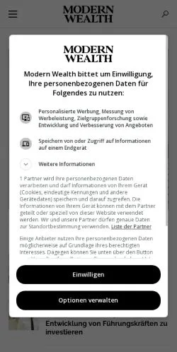 Voorbeeld van de site Modern Wealth, medium uit Duitsland voor gesponsorde artikelen