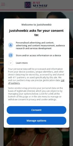 Pré-visualização do site JustShowBiz, meio de Estados Unidos para artigos patrocinados