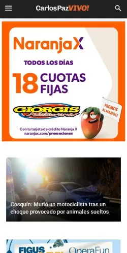 Pré-visualização do site Carlos Paz Vivo, meio de Argentina para artigos patrocinados