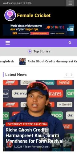 스폰서 기사용 미국 매체 Female Cricket 사이트 미리보기