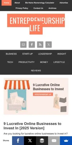Podgląd witryny Entrepreneurship Life, medium z kraju Stany Zjednoczone do artykułów sponsorowanych