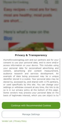 Anteprima del sito Thyme for Cooking, media di Stati Uniti per articoli sponsorizzati