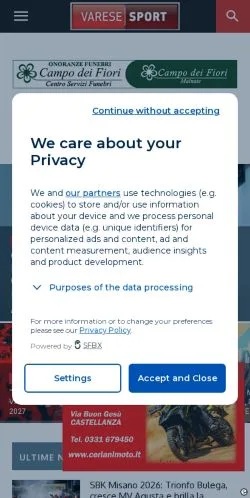 Anteprima del sito VareseSport, media di Italia per articoli sponsorizzati