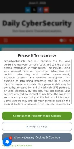 Pré-visualização do site Daily CyberSecurity, meio de Estados Unidos para artigos patrocinados