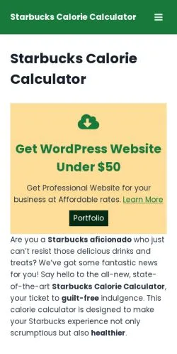 Podgląd witryny Starbucks Calorie Calculator, medium z kraju Stany Zjednoczone do artykułów sponsorowanych