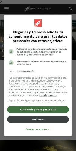 Anteprima del sito Negocios y Empresa, media di Spagna per articoli sponsorizzati