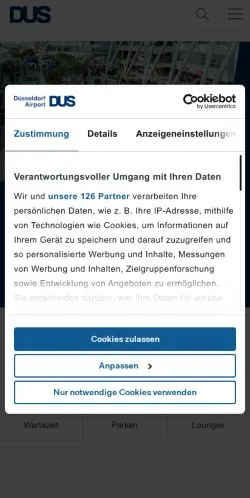 Podgląd witryny DUS Airport, medium z kraju Niemcy do artykułów sponsorowanych