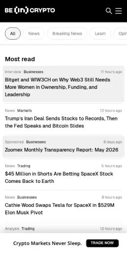 Preview of the BeInCrypto website, a media outlet in United States for sponsored articles