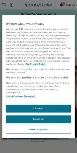 Podgląd witryny BabyCenter, medium z kraju Stany Zjednoczone do artykułów sponsorowanych