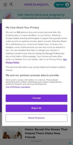 Aperçu du site What to Expect, média de États-Unis pour articles sponsorisés