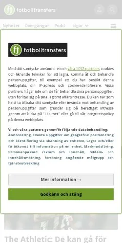 Anteprima del sito Fotbolltransfers, media di Svezia per articoli sponsorizzati
