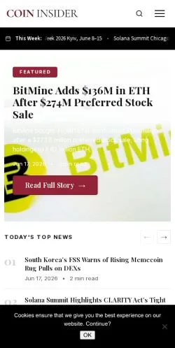スポンサード記事向けのアメリカ合衆国メディア、Coin Insiderのサイトプレビュー