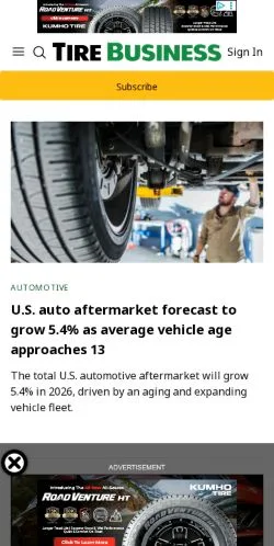 Anteprima del sito Tire Business, media di Stati Uniti per articoli sponsorizzati