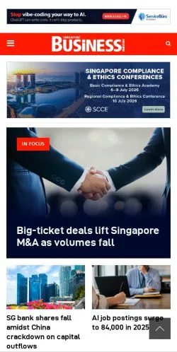 Preview of the Singapore Business Review website, a media outlet in United States for sponsored articles
