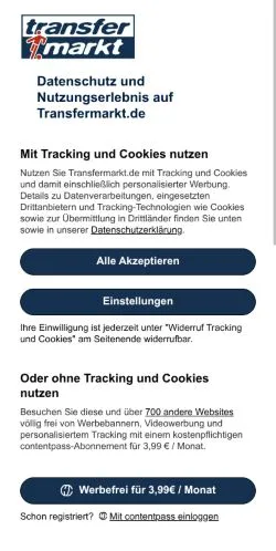 Forhåndsvisning av nettstedet Transfermarkt, medium fra Tyskland for sponsede artikler