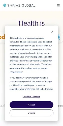 Pré-visualização do site Thrive Global, meio de Estados Unidos para artigos patrocinados