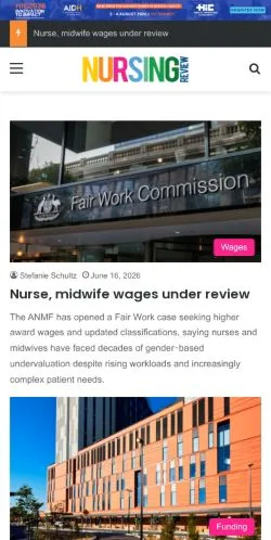 Anteprima del sito Nursing Review, media di Australia per articoli sponsorizzati
