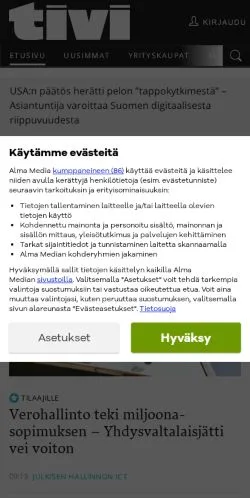 Podgląd witryny Tivi, medium z kraju Finlandia do artykułów sponsorowanych