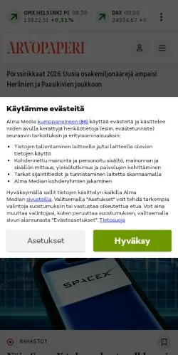 Anteprima del sito Arvopaperi, media di Finlandia per articoli sponsorizzati