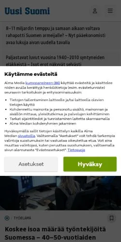 Anteprima del sito Uusi Suomi, media di Finlandia per articoli sponsorizzati