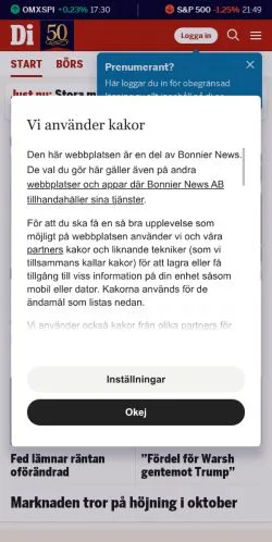 スポンサード記事向けのスウェーデンメディア、Dagens Industriのサイトプレビュー
