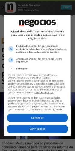 Anteprima del sito Jornal de Negócios, media di Portogallo per articoli sponsorizzati