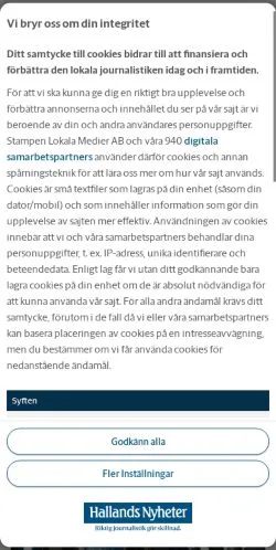 Pré-visualização do site Hallands Nyheter, meio de Suécia para artigos patrocinados