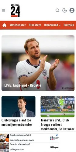 Anteprima del sito Voetbal24.be, media di Belgio per articoli sponsorizzati