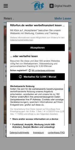 Preview of the Fit For Fun website, a media outlet in Germany for sponsored articles