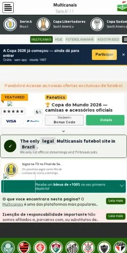 Anteprima del sito Multicanais Futebol, media di Brasile per articoli sponsorizzati