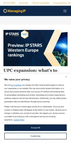 Forhåndsvisning av nettstedet Managing IP, medium fra USA for sponsede artikler