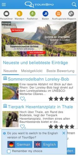 Podgląd witryny TouriSpo Ausflugsportal, medium z kraju Austria do artykułów sponsorowanych