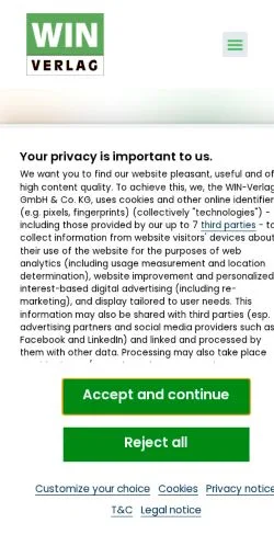 Förhandsvisning av webbplatsen WIN-Verlag, medium i Tyskland för sponsrade artiklar