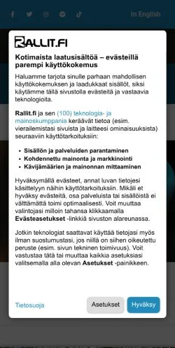 Vista previa del sitio Rallit, medio de Finlandia para artículos patrocinados