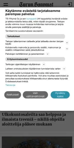 Forhåndsvisning av nettstedet Turun Sanomat, medium fra Finland for sponsede artikler