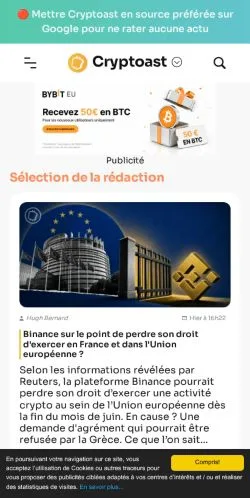 Vista previa del sitio Cryptoast, medio de Francia para artículos patrocinados
