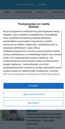 Anteprima del sito Hevosurheilu, media di Finlandia per articoli sponsorizzati