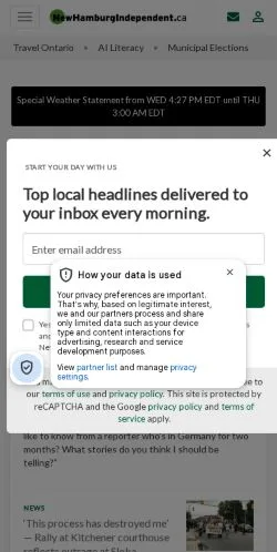 Pré-visualização do site New Hamburg Independent, meio de Canadá para artigos patrocinados