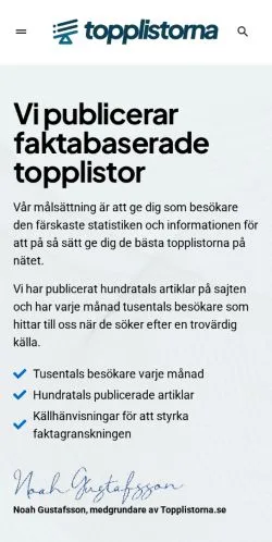 Anteprima del sito Topplistorna, media di Svezia per articoli sponsorizzati