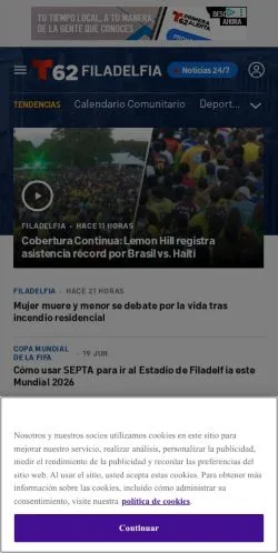 Forhåndsvisning av nettstedet Telemundo 62 Filadelfia, medium fra Spania for sponsede artikler