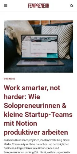 Podgląd witryny Fempreneur, medium z kraju Niemcy do artykułów sponsorowanych