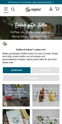 Anteprima del sito Earlybird Coffee, media di Germania per articoli sponsorizzati