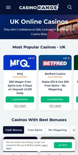 Pré-visualização do site CasinoRange, meio de Reino Unido para artigos patrocinados