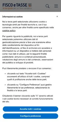 Vista previa del sitio FISCOeTASSE, medio de Italia para artículos patrocinados